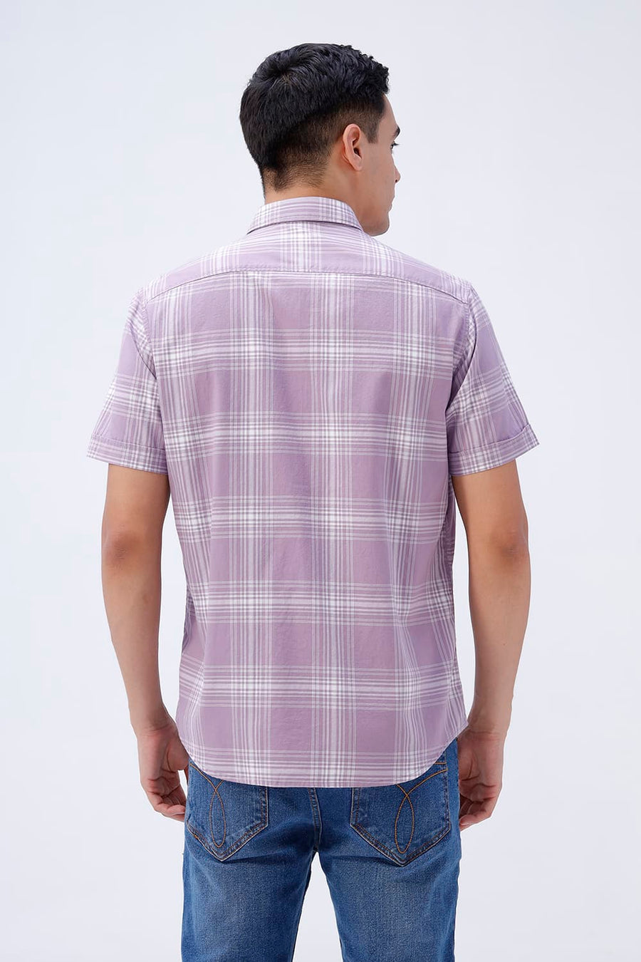 BASICS SLIM FIT LILAC IRIS COTTON TWILL CHECKS HALFSLEEVES SHIRT