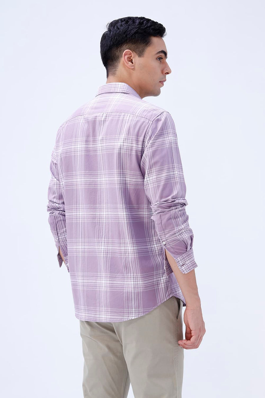BASICS SLIM FIT LILAC IRIS COTTON TWILL CHECKS SHIRT