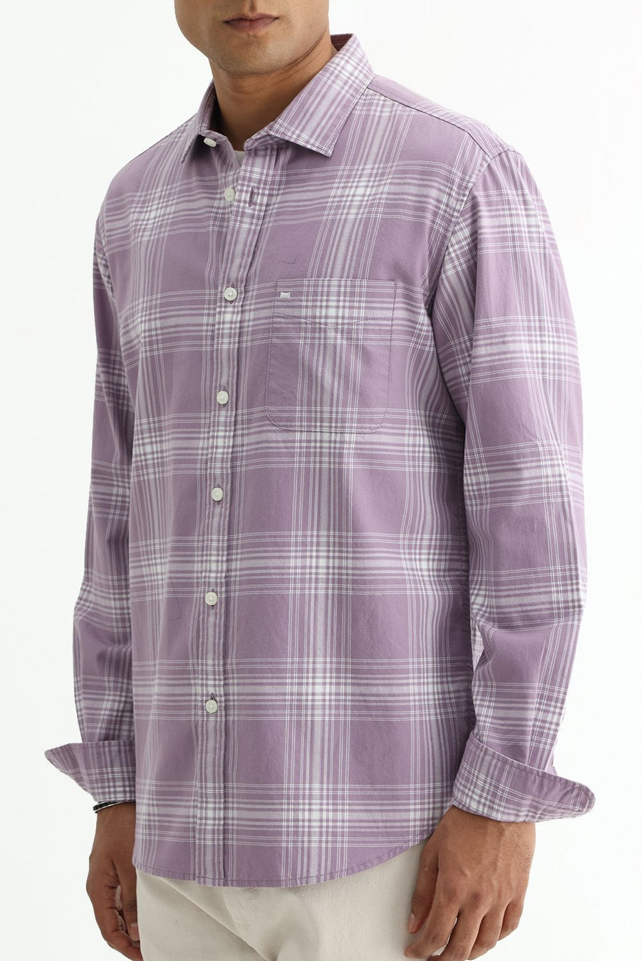 BASICS SLIM FIT LILAC IRIS COTTON TWILL CHECKS SHIRT
