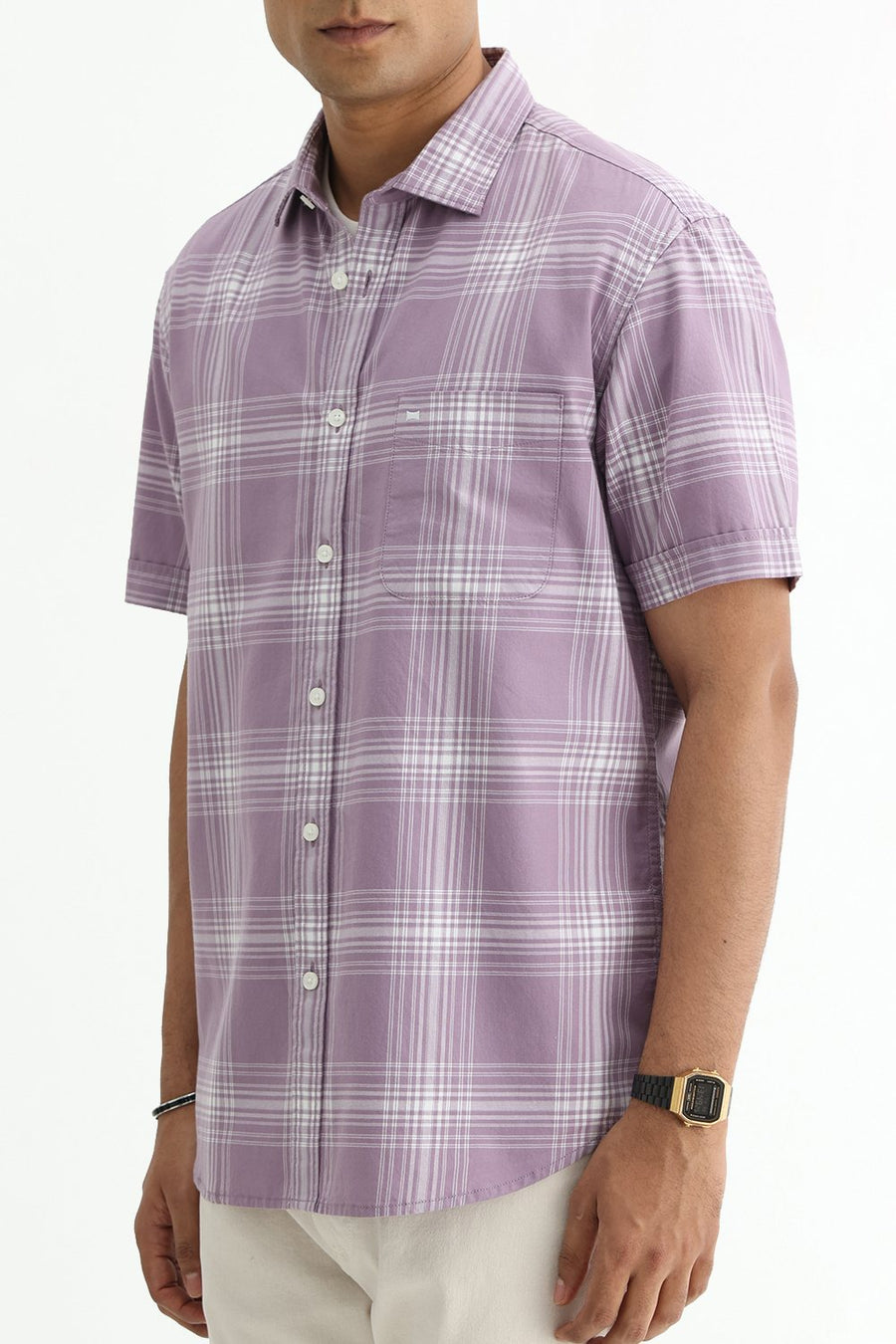 BASICS SLIM FIT LILAC IRIS COTTON TWILL CHECKS HALFSLEEVES SHIRT