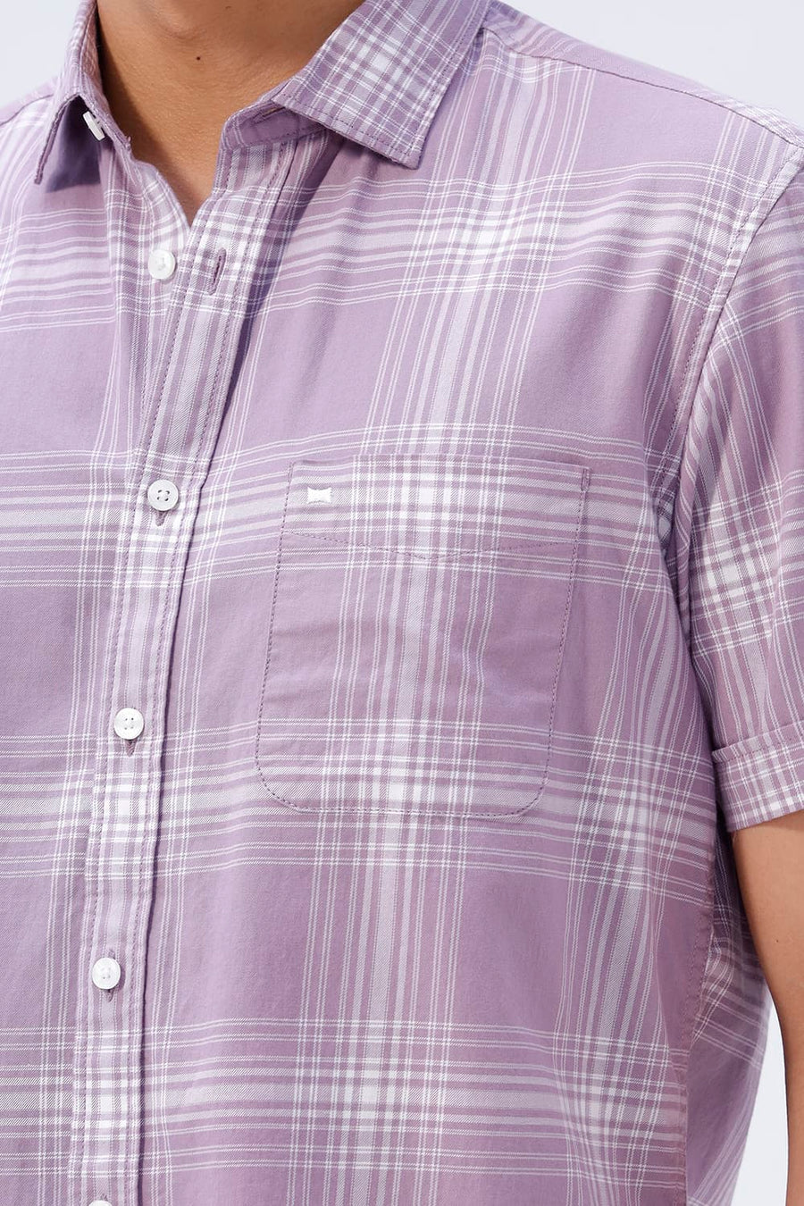 BASICS SLIM FIT LILAC IRIS COTTON TWILL CHECKS HALFSLEEVES SHIRT
