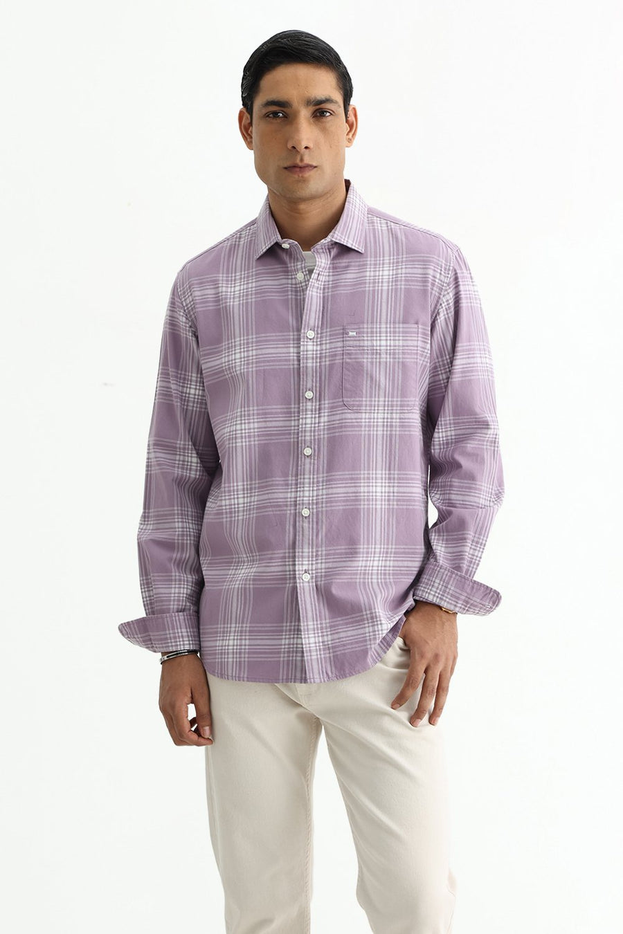 BASICS SLIM FIT LILAC IRIS COTTON TWILL CHECKS SHIRT