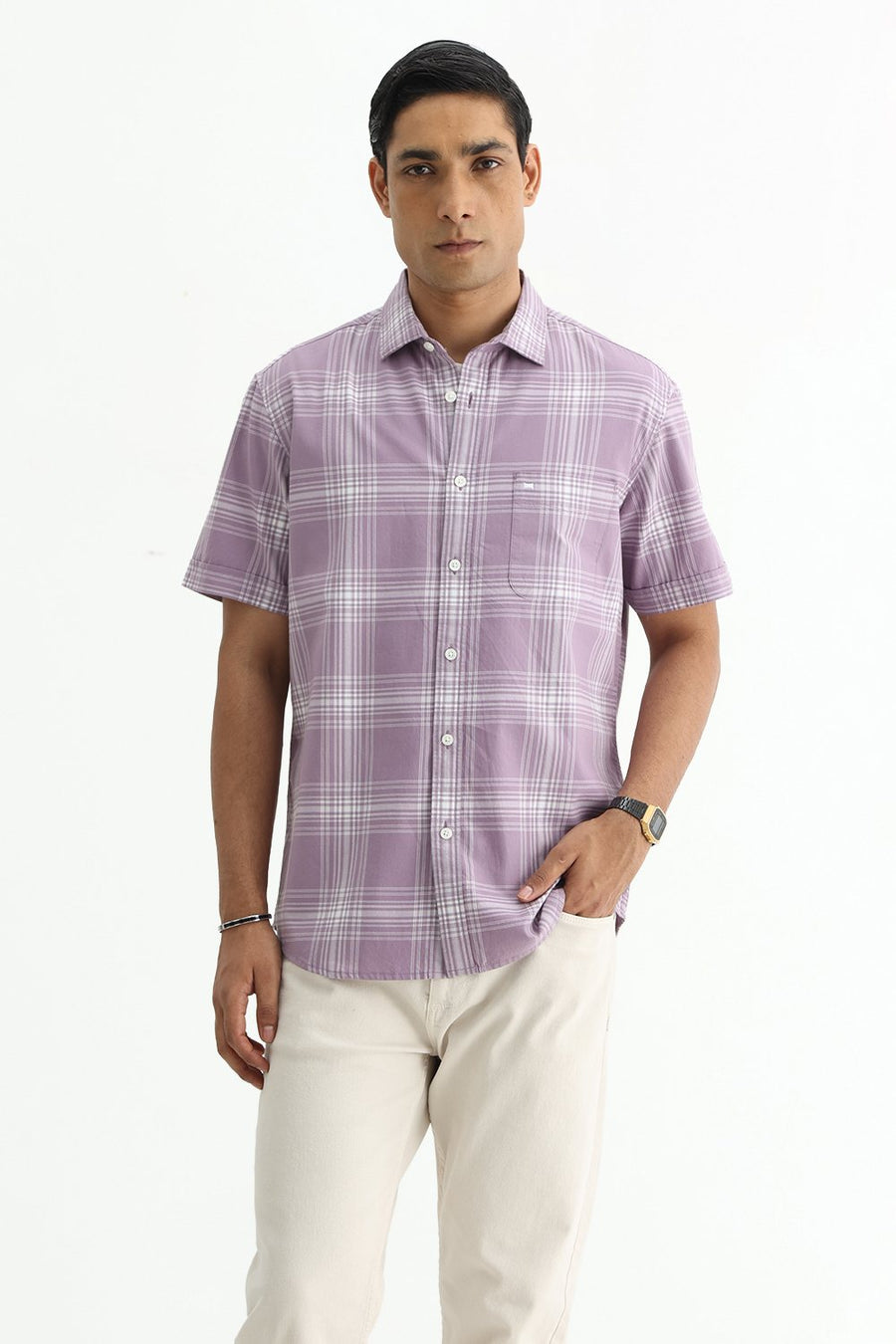 BASICS SLIM FIT LILAC IRIS COTTON TWILL CHECKS HALFSLEEVES SHIRT