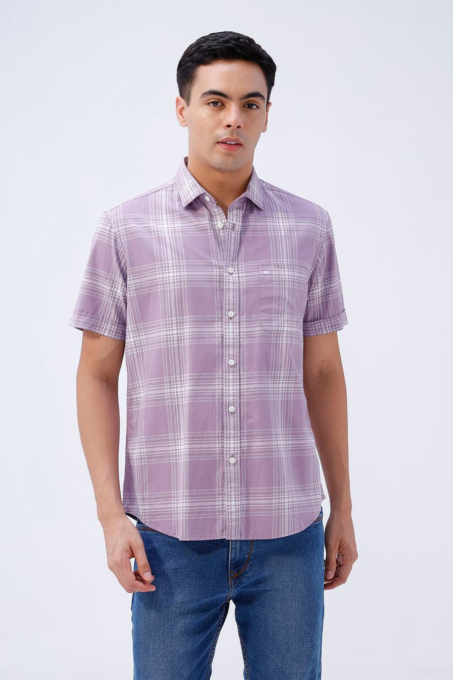BASICS SLIM FIT LILAC IRIS COTTON TWILL CHECKS HALFSLEEVES SHIRT