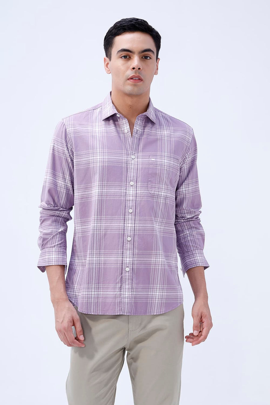 BASICS SLIM FIT LILAC IRIS COTTON TWILL CHECKS SHIRT