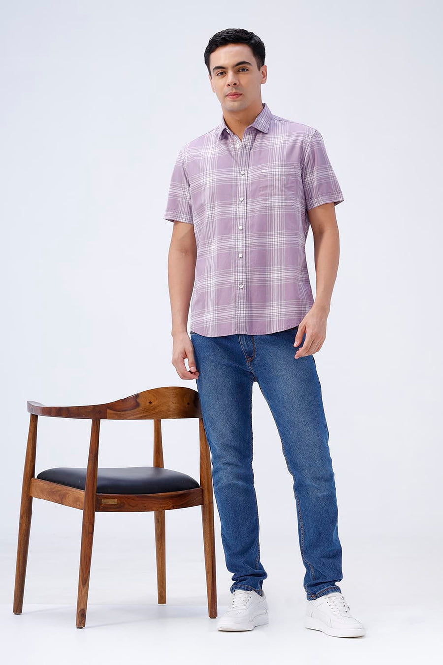 BASICS SLIM FIT LILAC IRIS COTTON TWILL CHECKS HALFSLEEVES SHIRT