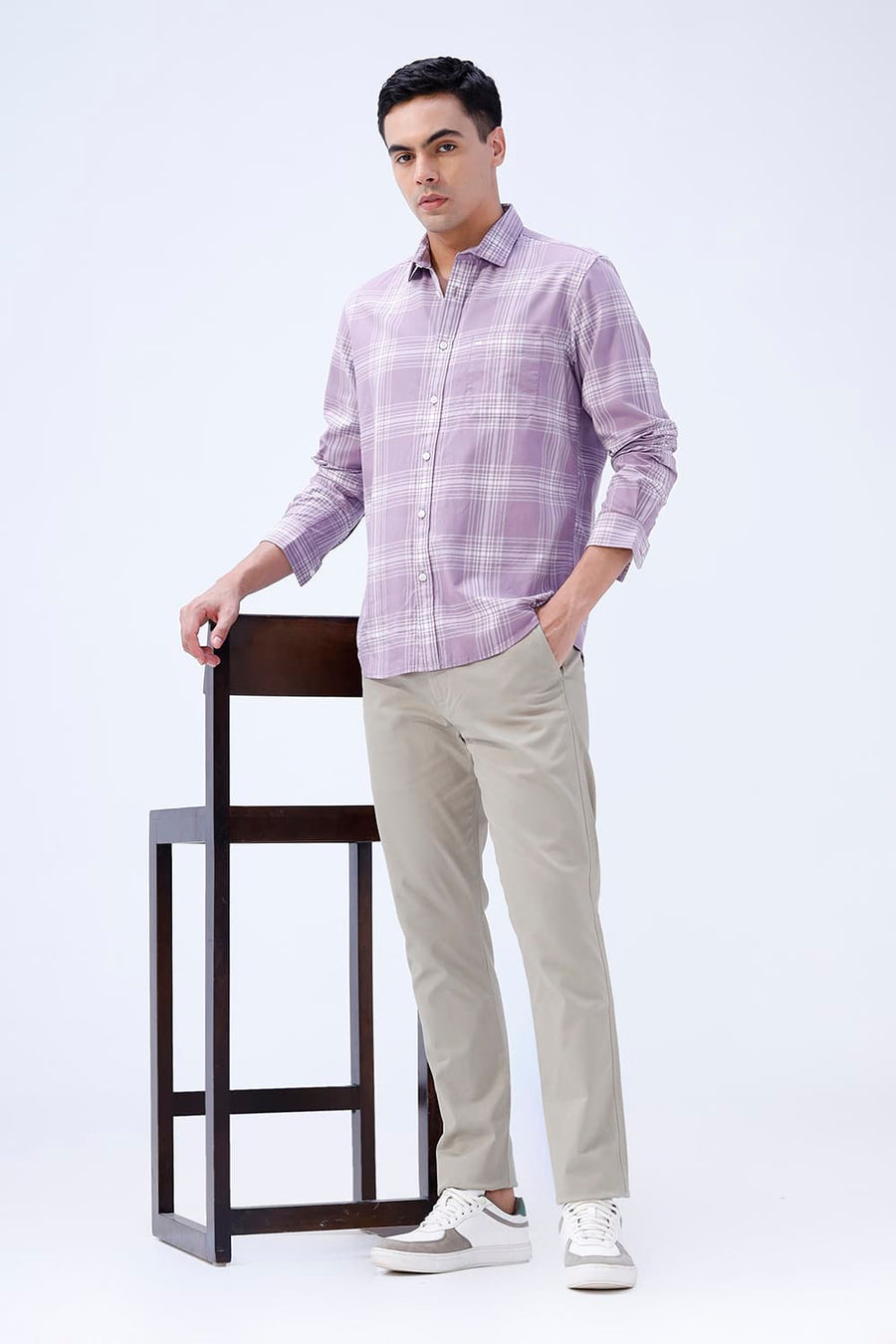BASICS SLIM FIT LILAC IRIS COTTON TWILL CHECKS SHIRT
