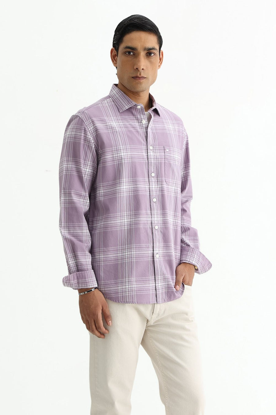 BASICS SLIM FIT LILAC IRIS COTTON TWILL CHECKS SHIRT