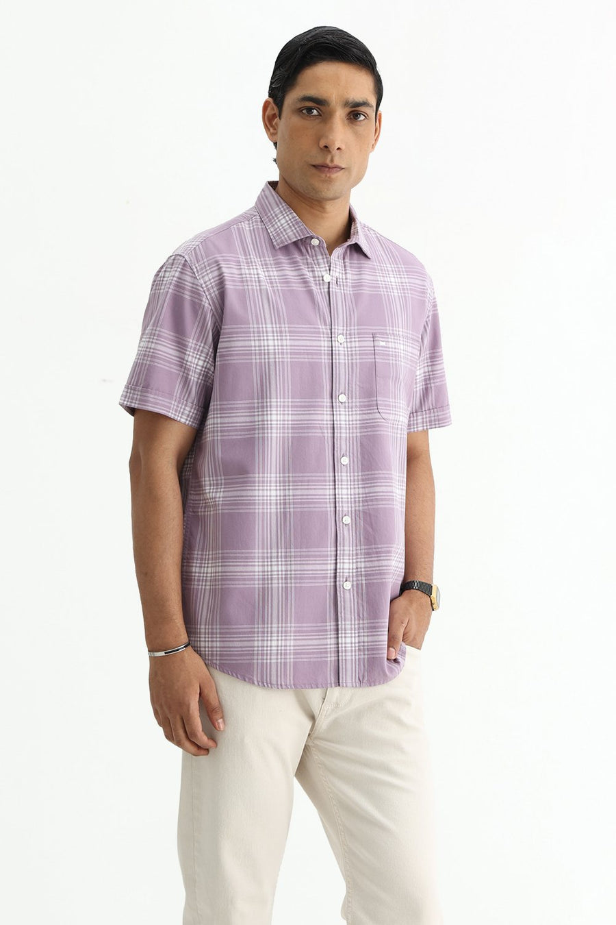 BASICS SLIM FIT LILAC IRIS COTTON TWILL CHECKS HALFSLEEVES SHIRT