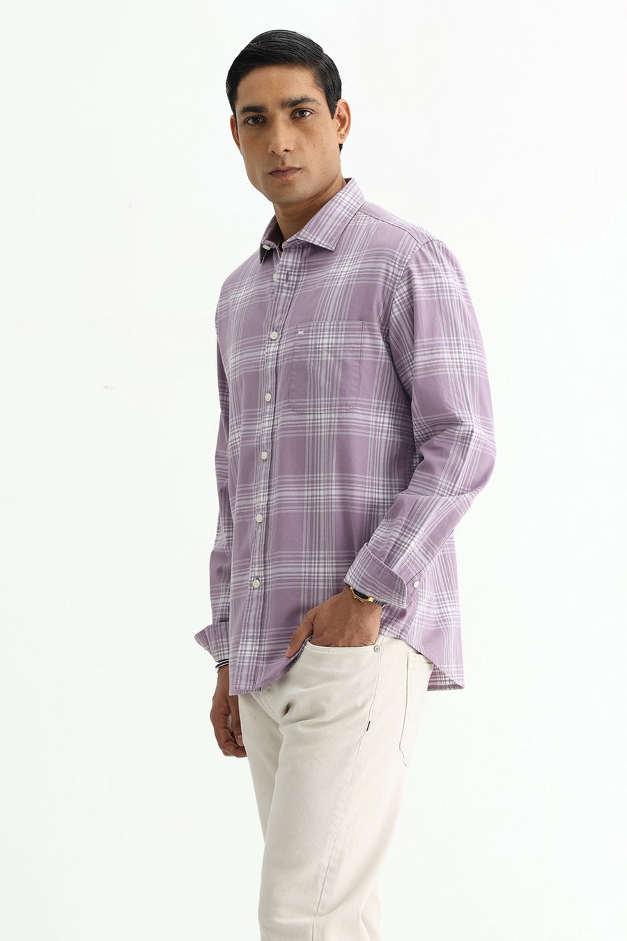 BASICS SLIM FIT LILAC IRIS COTTON TWILL CHECKS SHIRT