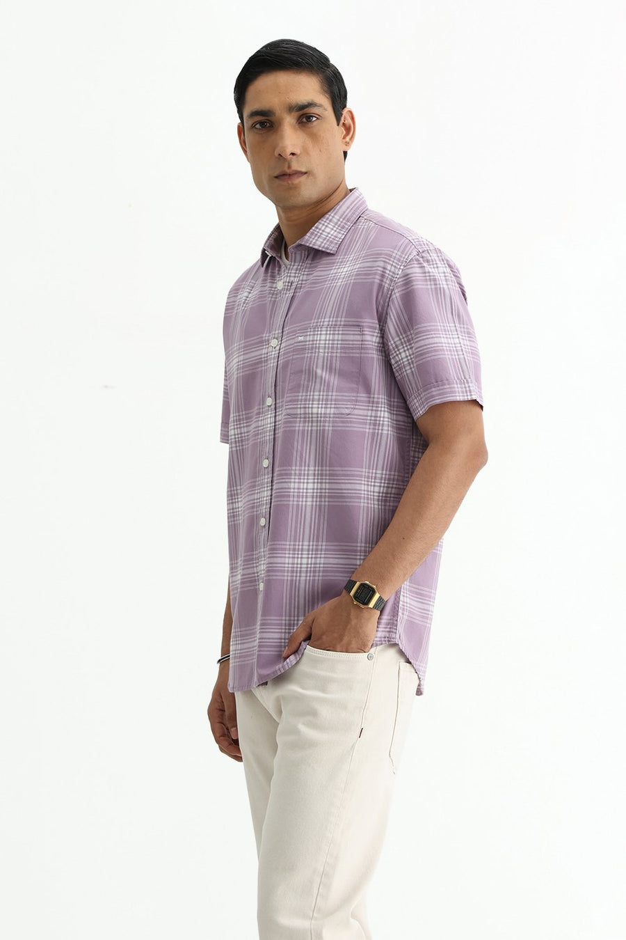 BASICS SLIM FIT LILAC IRIS COTTON TWILL CHECKS HALFSLEEVES SHIRT