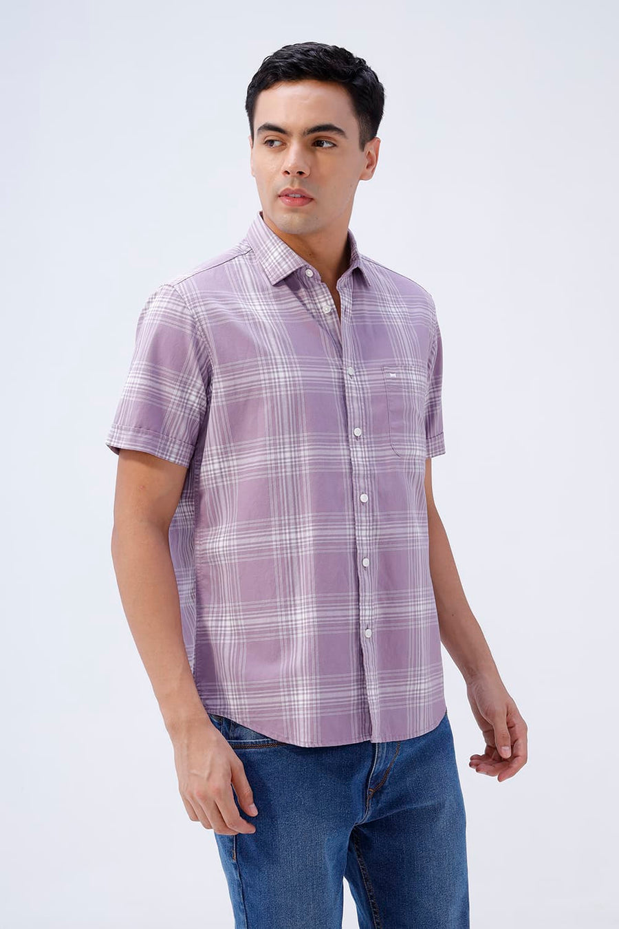 BASICS SLIM FIT LILAC IRIS COTTON TWILL CHECKS HALFSLEEVES SHIRT