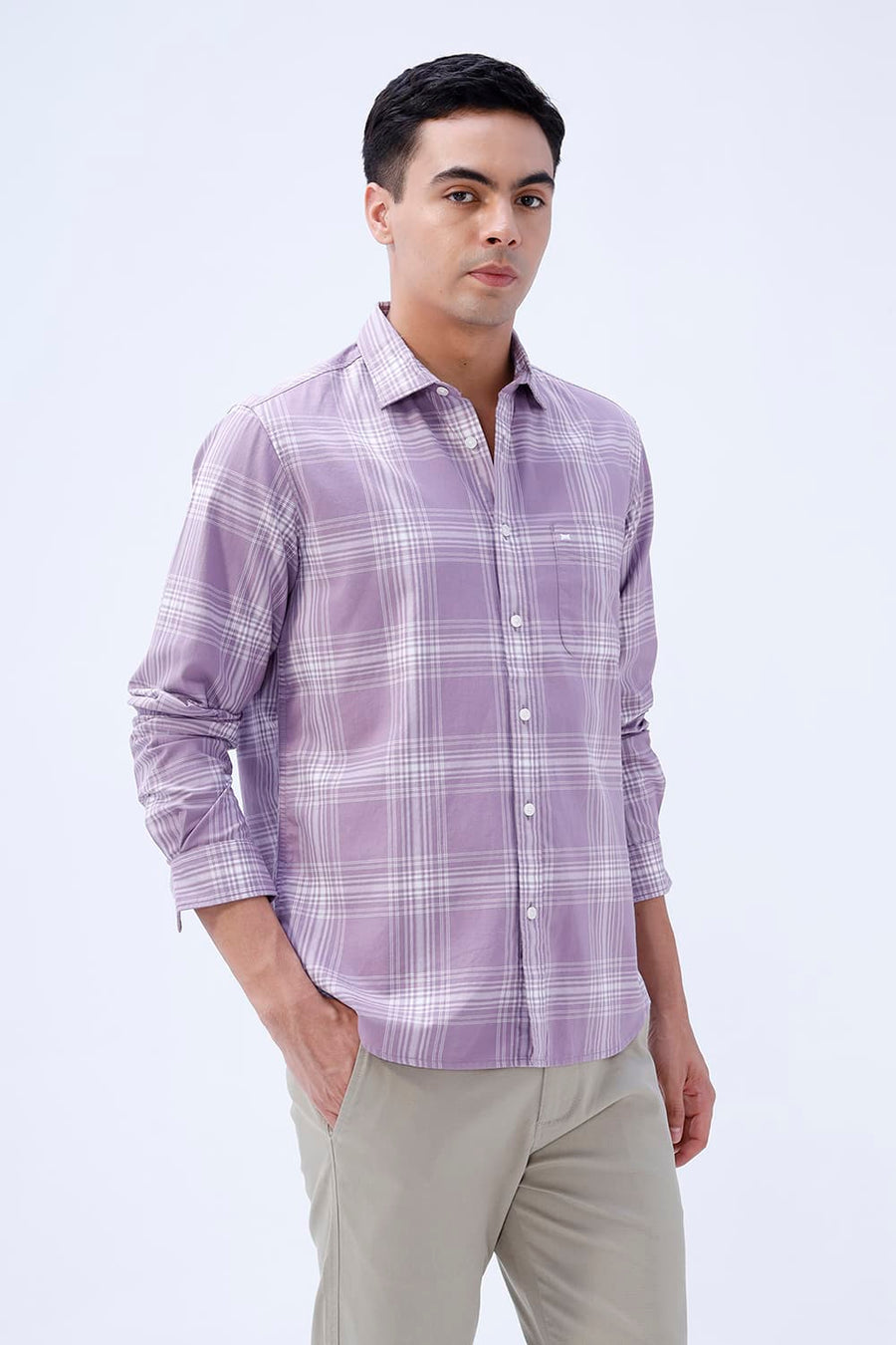 BASICS SLIM FIT LILAC IRIS COTTON TWILL CHECKS SHIRT