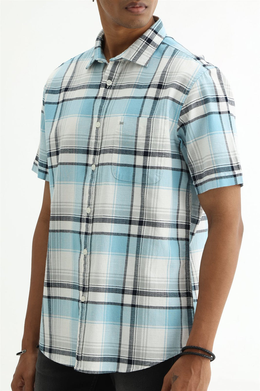 BASICS SLIM FIT  COTTON HOPSACK CHECKS HALFSLEEVES SHIRT