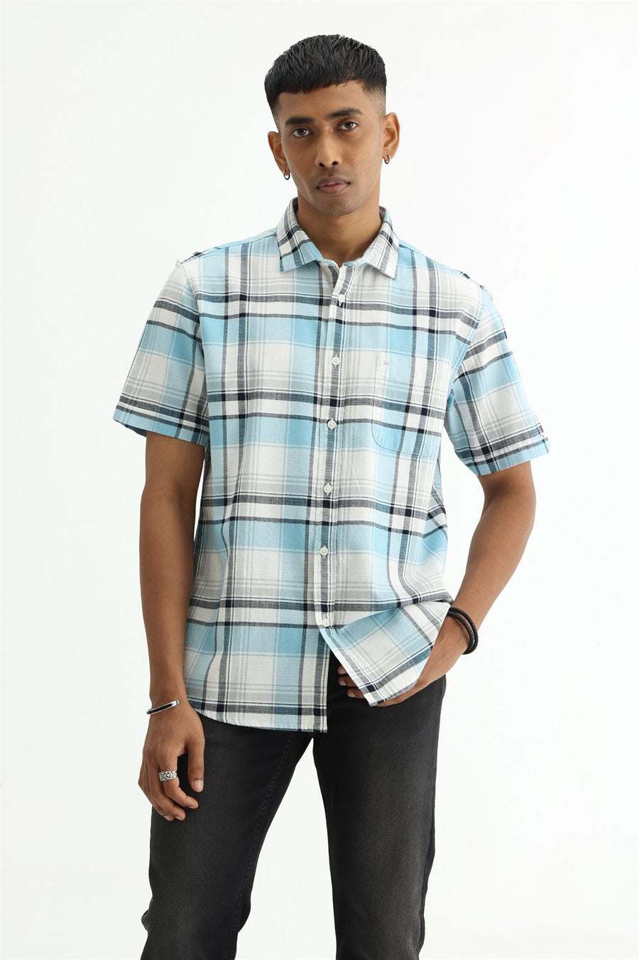 BASICS SLIM FIT  COTTON HOPSACK CHECKS HALFSLEEVES SHIRT