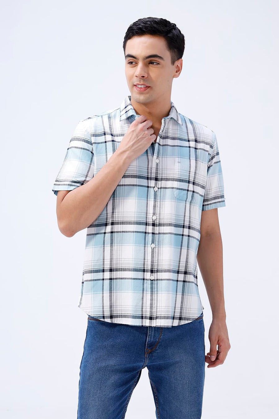 BASICS SLIM FIT  COTTON HOPSACK CHECKS HALFSLEEVES SHIRT