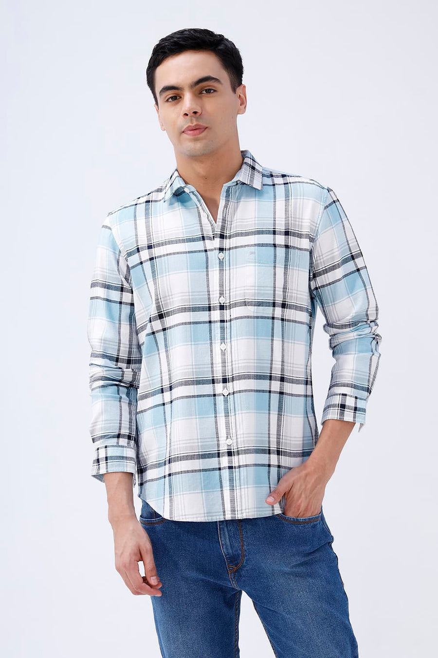 BASICS SLIM FIT  COTTON HOPSACK CHECKS SHIRT
