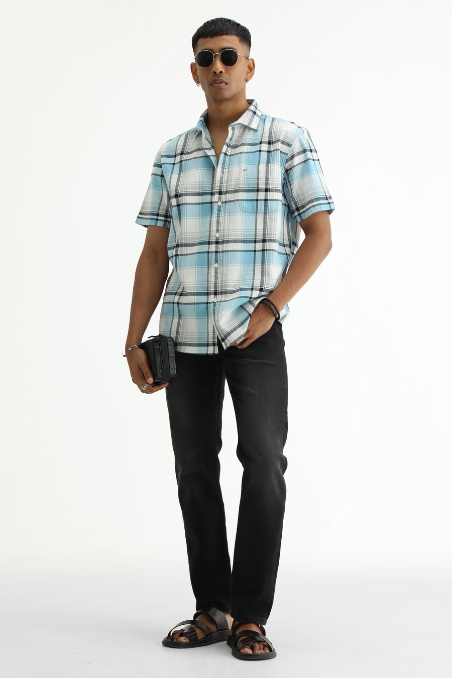 BASICS SLIM FIT  COTTON HOPSACK CHECKS HALFSLEEVES SHIRT