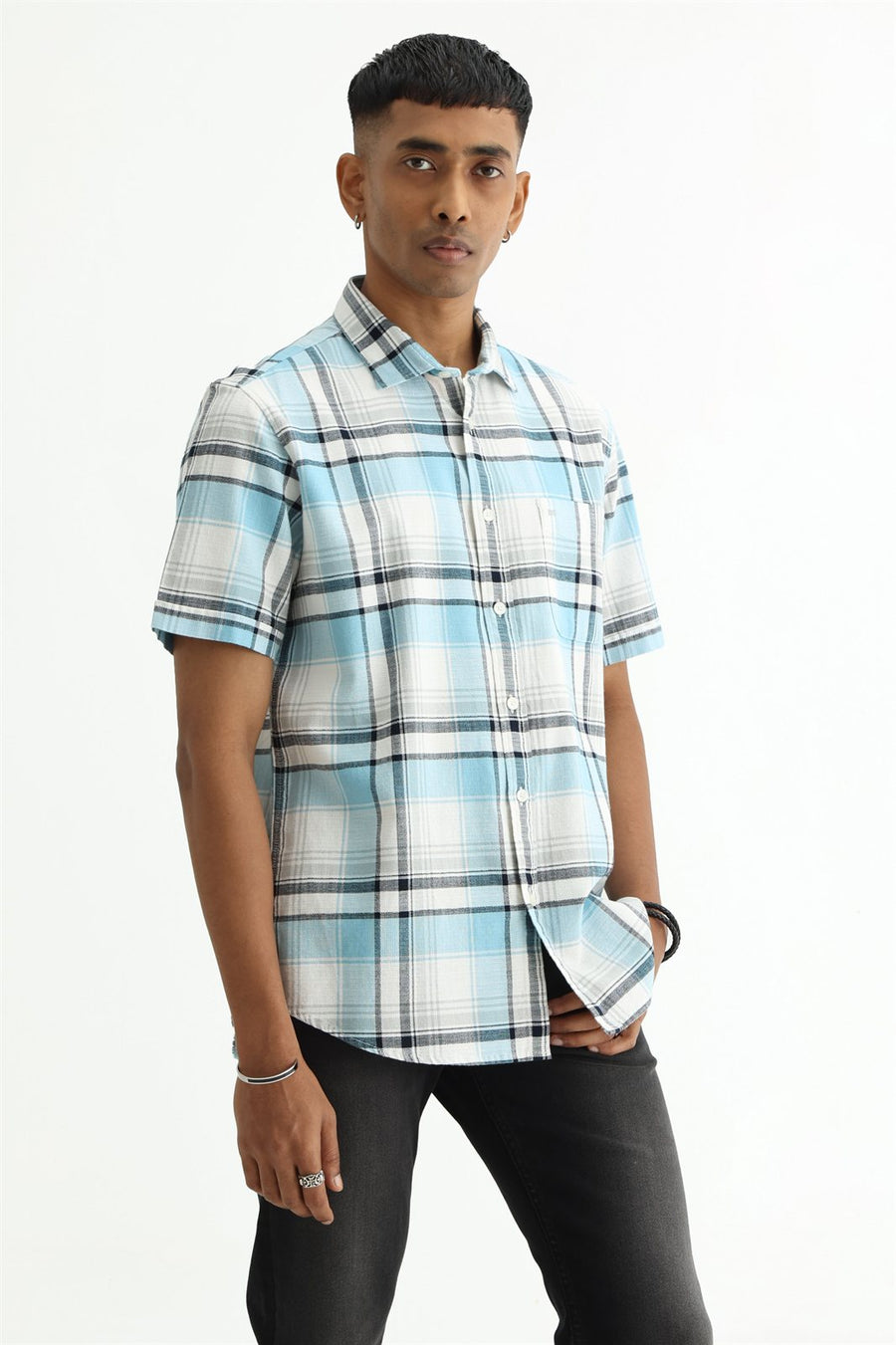 BASICS SLIM FIT  COTTON HOPSACK CHECKS HALFSLEEVES SHIRT