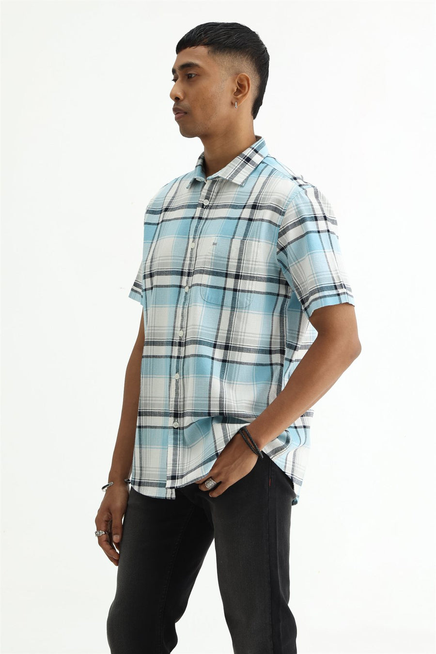 BASICS SLIM FIT  COTTON HOPSACK CHECKS HALFSLEEVES SHIRT