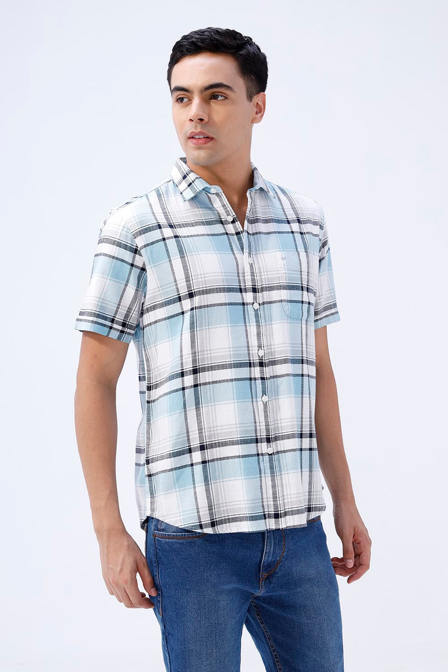 BASICS SLIM FIT  COTTON HOPSACK CHECKS HALFSLEEVES SHIRT