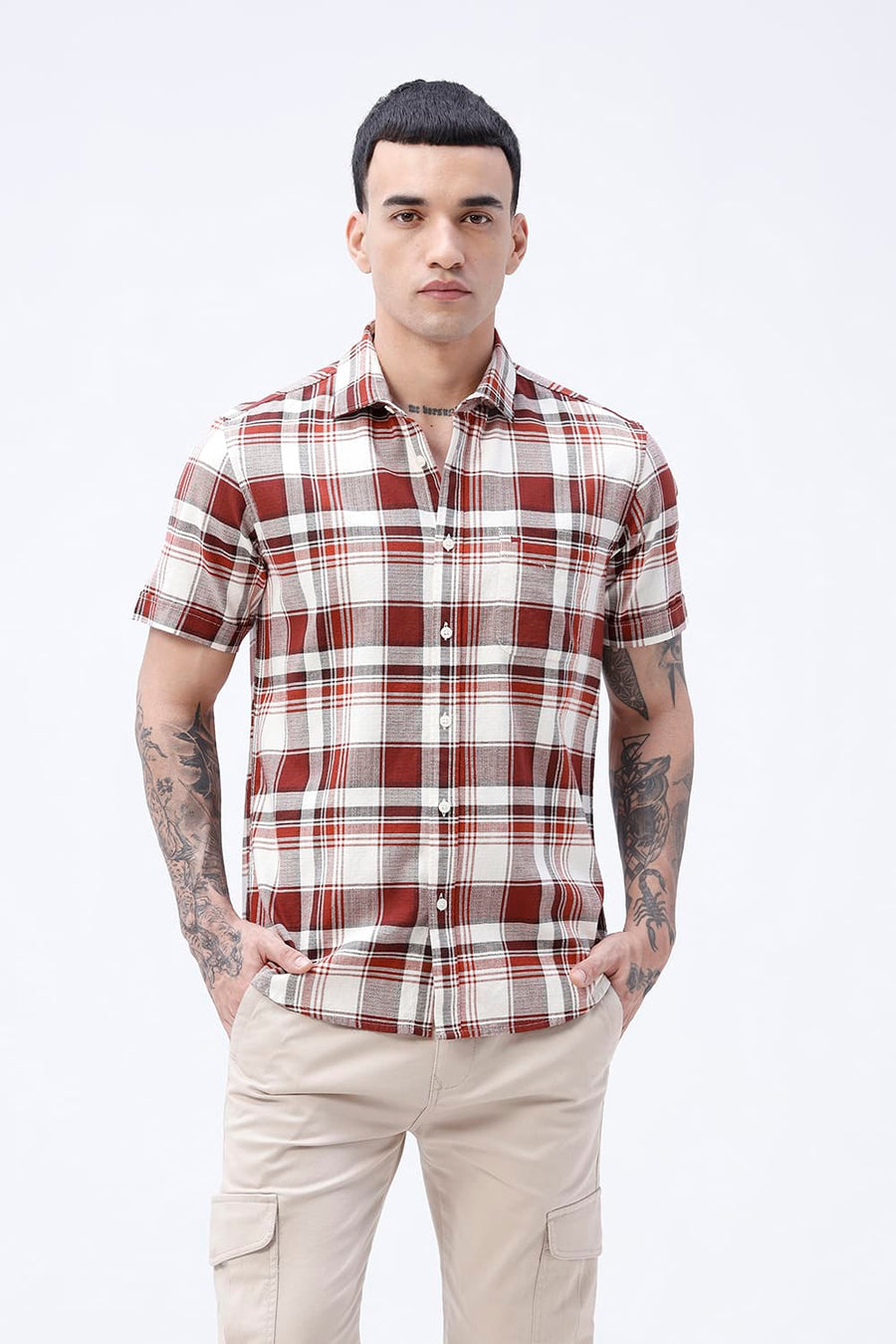 BASICS SLIM FIT  COTTON HOPSACK CHECKS HALFSLEEVES SHIRT