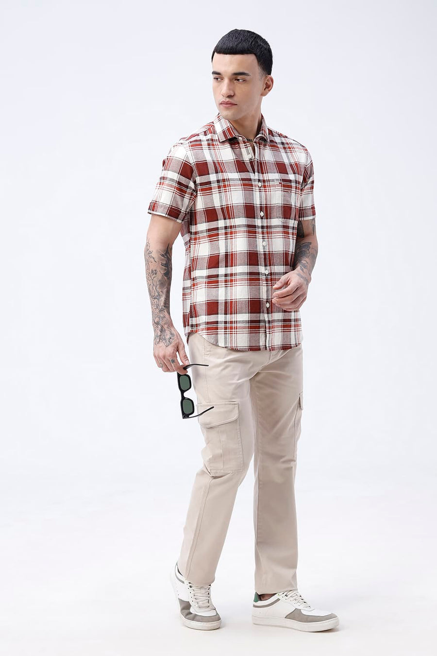 BASICS SLIM FIT  COTTON HOPSACK CHECKS HALFSLEEVES SHIRT