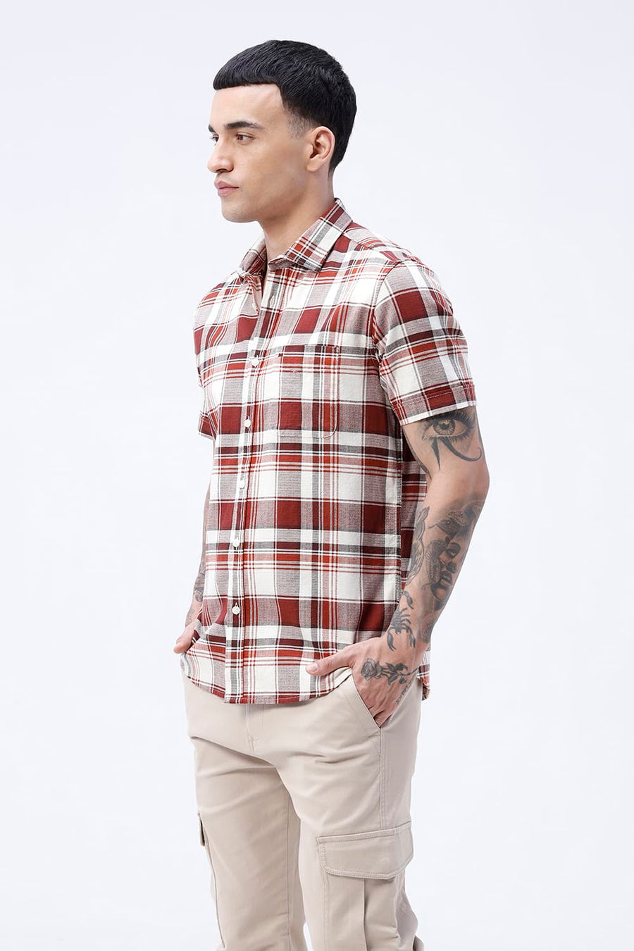 BASICS SLIM FIT  COTTON HOPSACK CHECKS HALFSLEEVES SHIRT