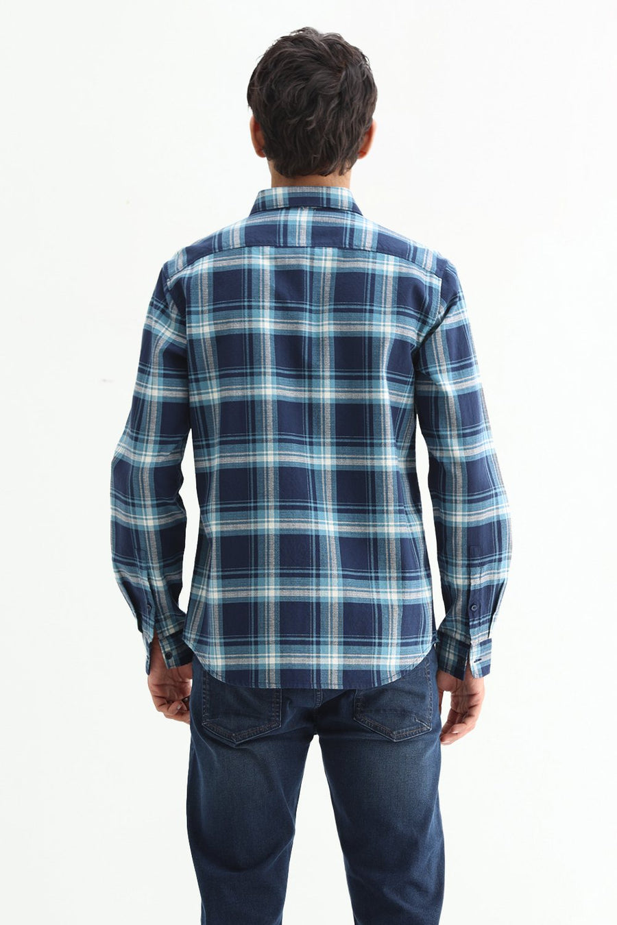 BASICS SLIM FIT BLUE NIGHT COTTON HOPSACK CHECKS SHIRT