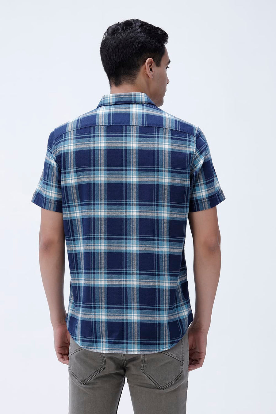 BASICS SLIM FIT BLUE NIGHT COTTON HOPSACK CHECKS HALFSLEEVES SHIRT