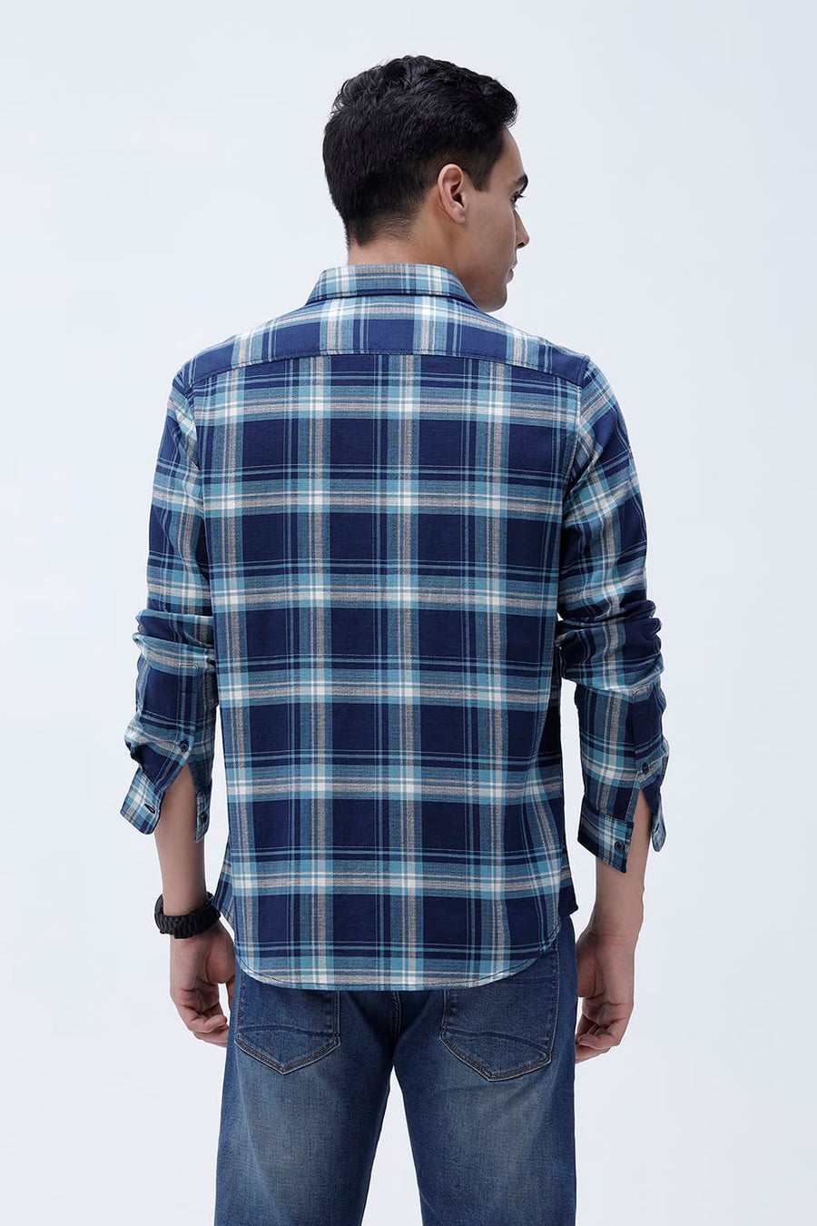 BASICS SLIM FIT BLUE NIGHT COTTON HOPSACK CHECKS SHIRT