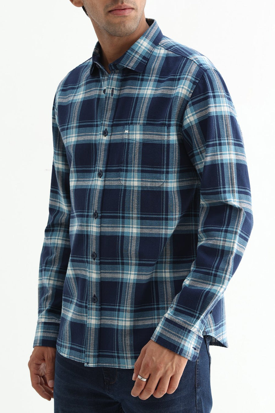 BASICS SLIM FIT BLUE NIGHT COTTON HOPSACK CHECKS SHIRT