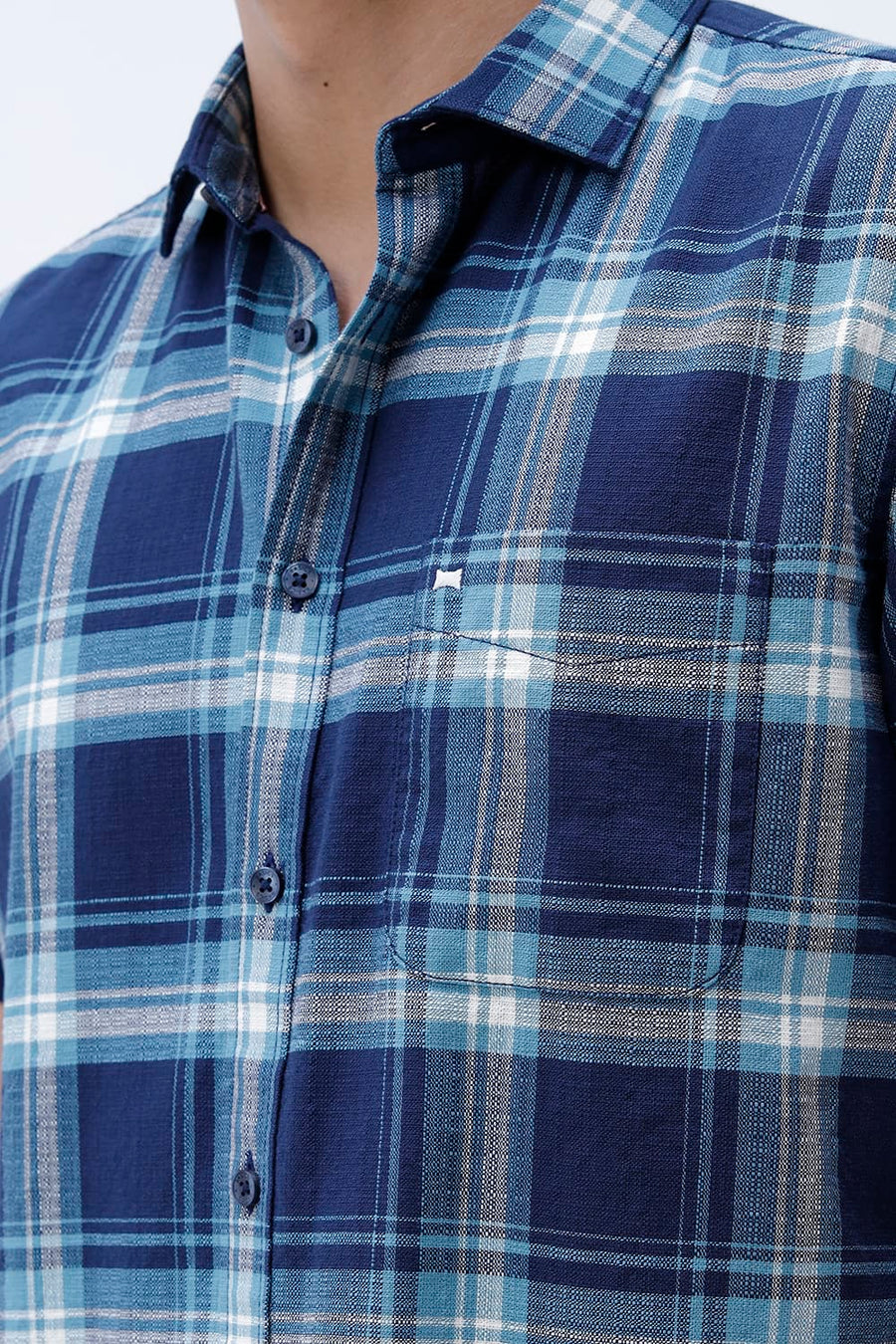 BASICS SLIM FIT BLUE NIGHT COTTON HOPSACK CHECKS HALFSLEEVES SHIRT