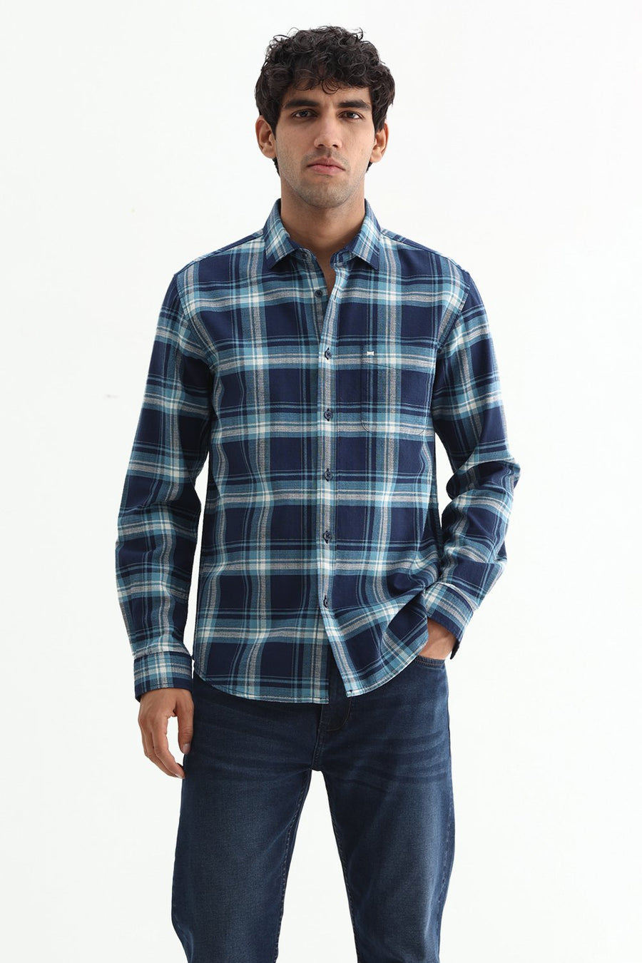 BASICS SLIM FIT BLUE NIGHT COTTON HOPSACK CHECKS SHIRT