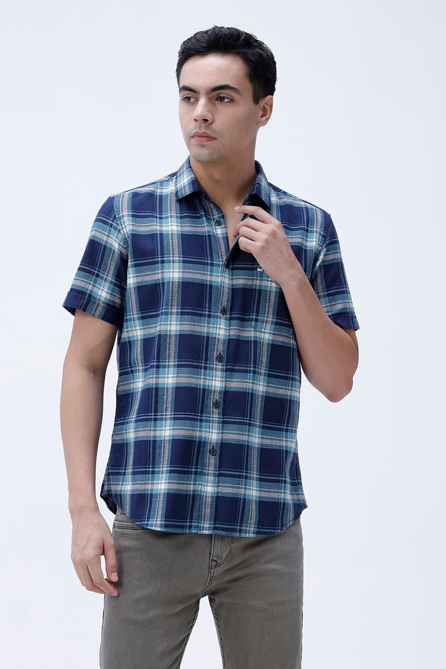 BASICS SLIM FIT BLUE NIGHT COTTON HOPSACK CHECKS HALFSLEEVES SHIRT