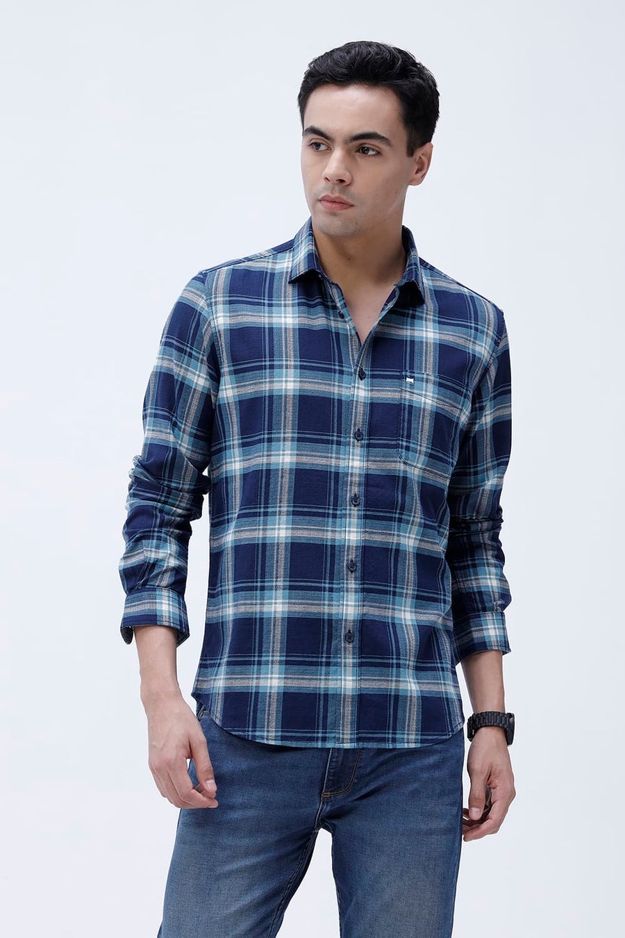 BASICS SLIM FIT BLUE NIGHT COTTON HOPSACK CHECKS SHIRT