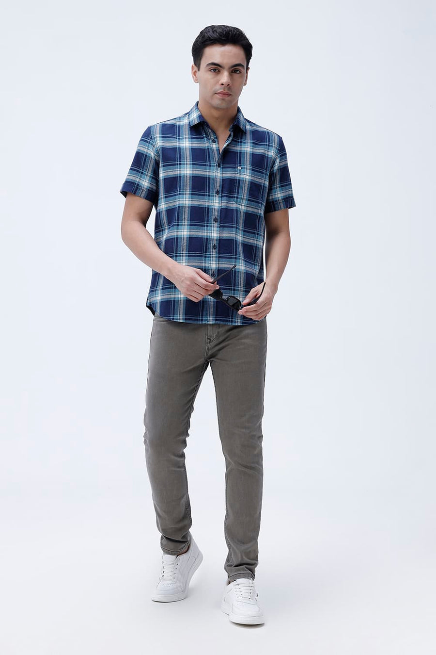 BASICS SLIM FIT BLUE NIGHT COTTON HOPSACK CHECKS HALFSLEEVES SHIRT
