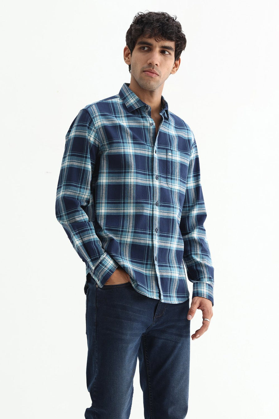 BASICS SLIM FIT BLUE NIGHT COTTON HOPSACK CHECKS SHIRT