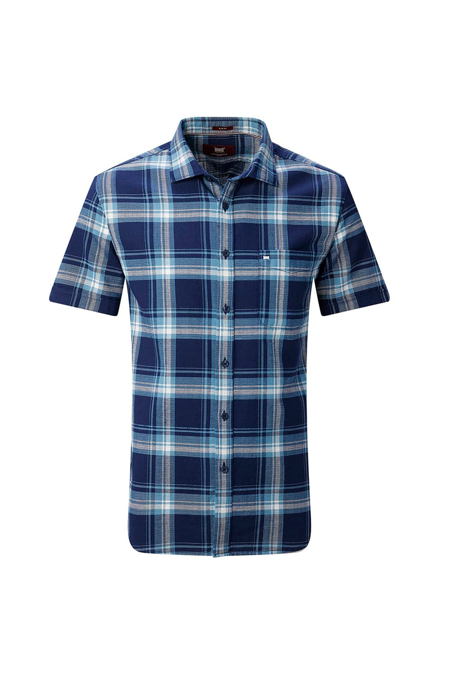 BASICS SLIM FIT BLUE NIGHT COTTON HOPSACK CHECKS HALFSLEEVES SHIRT