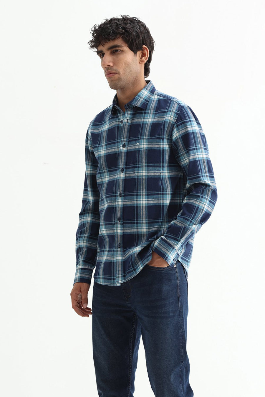 BASICS SLIM FIT BLUE NIGHT COTTON HOPSACK CHECKS SHIRT