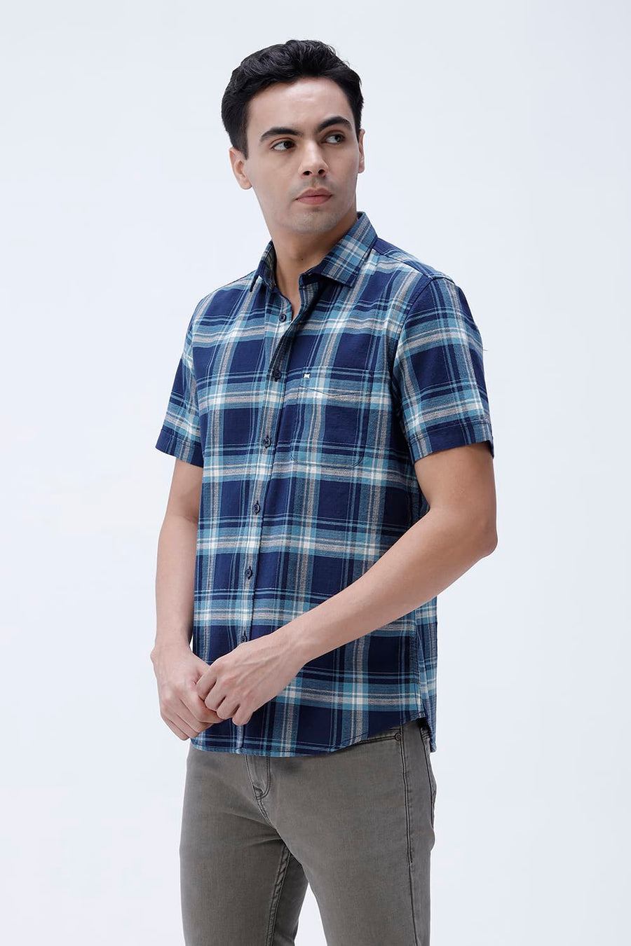 BASICS SLIM FIT BLUE NIGHT COTTON HOPSACK CHECKS HALFSLEEVES SHIRT