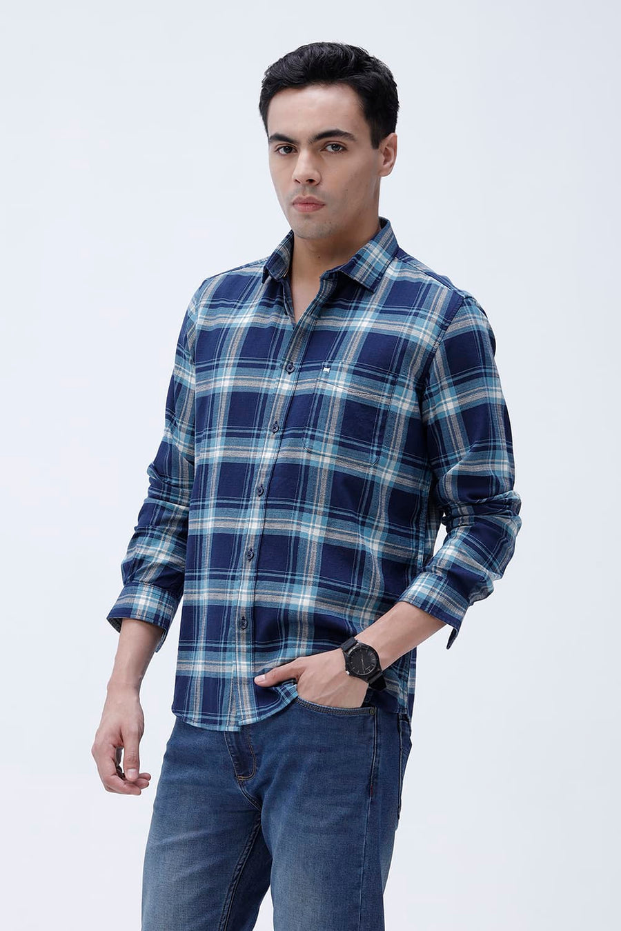 BASICS SLIM FIT BLUE NIGHT COTTON HOPSACK CHECKS SHIRT