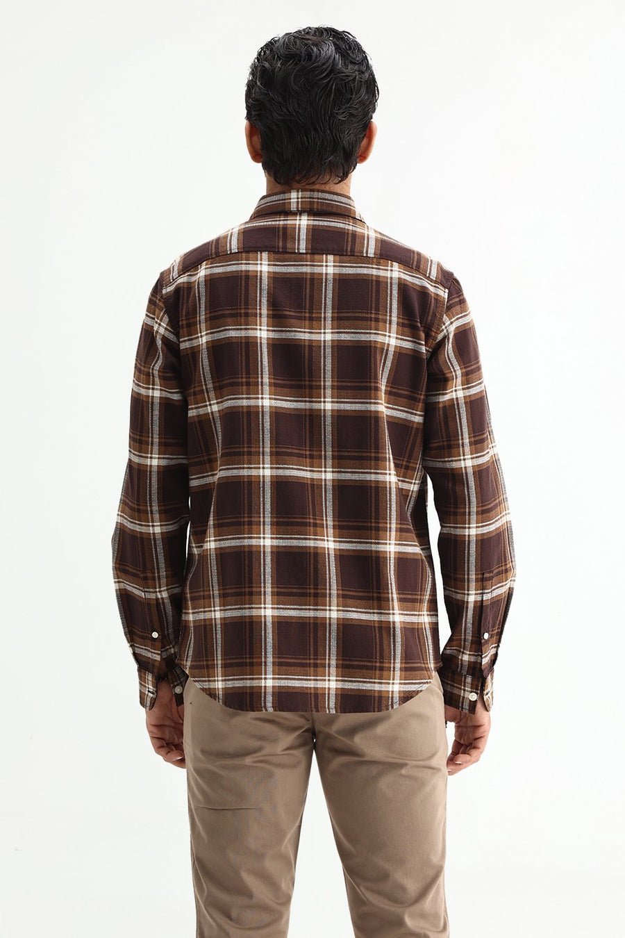 BASICS SLIM FIT SEAL BROWN COTTON HOPSACK CHECKS SHIRT