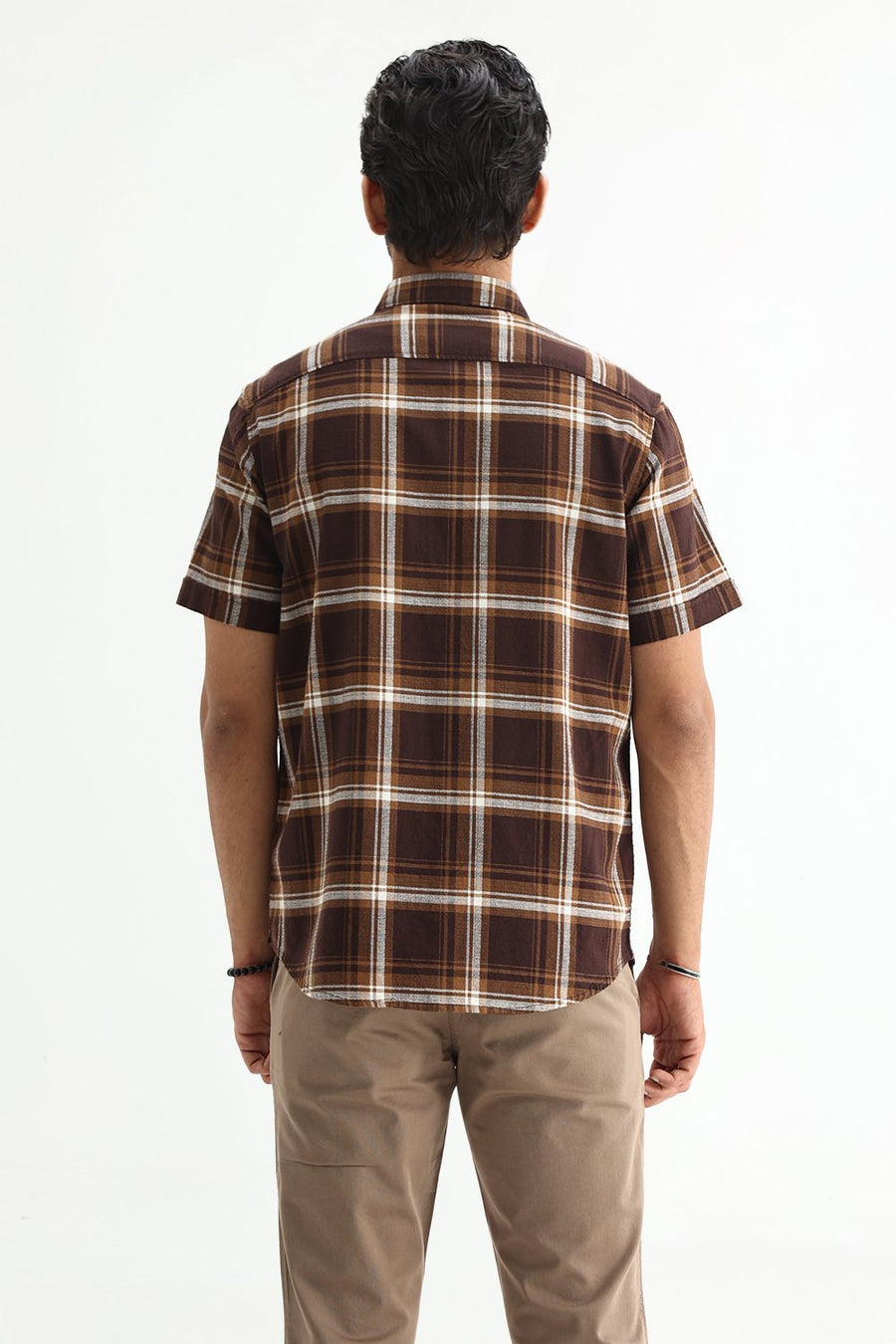 BASICS SLIM FIT SEAL BROWN COTTON HOPSACK CHECKS HALFSLEEVES SHIRT
