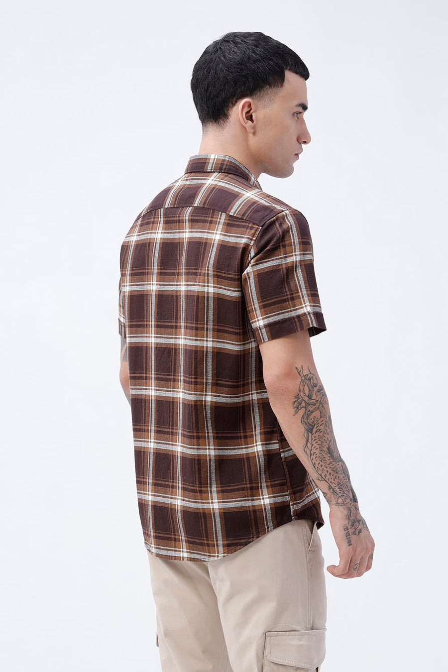 BASICS SLIM FIT SEAL BROWN COTTON HOPSACK CHECKS HALFSLEEVES SHIRT