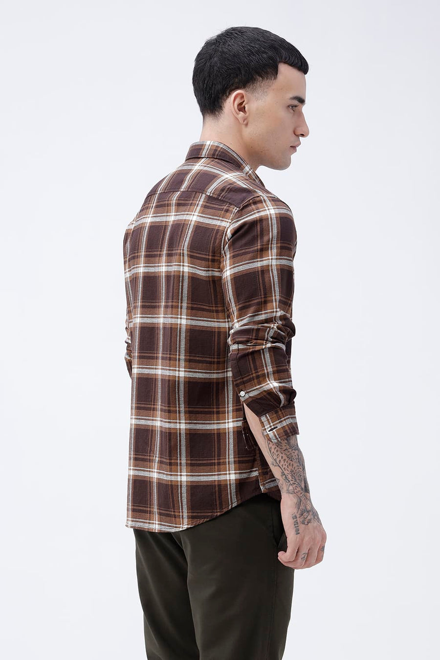 BASICS SLIM FIT SEAL BROWN COTTON HOPSACK CHECKS SHIRT