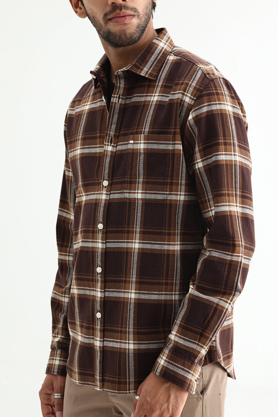 BASICS SLIM FIT SEAL BROWN COTTON HOPSACK CHECKS SHIRT
