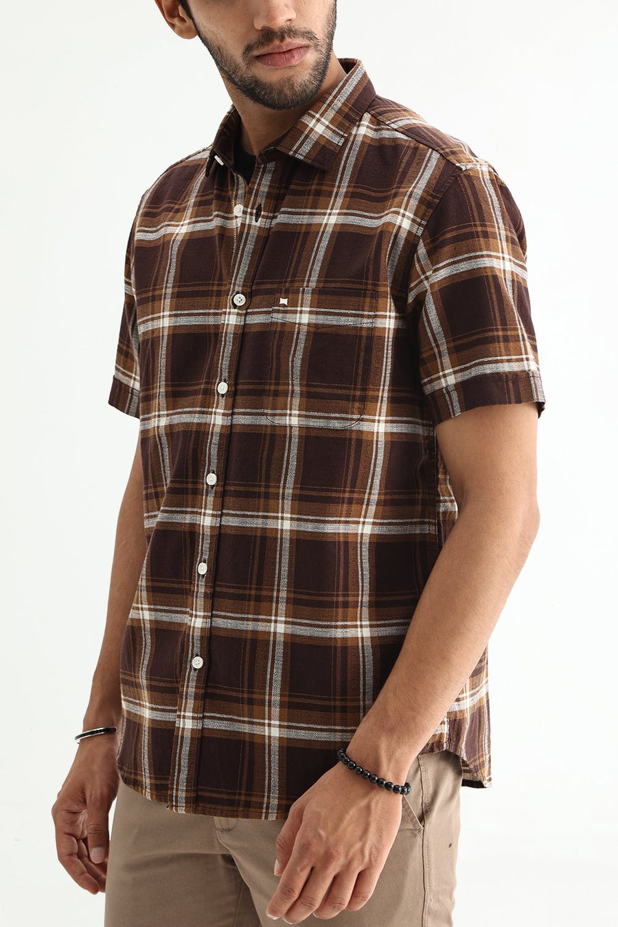 BASICS SLIM FIT SEAL BROWN COTTON HOPSACK CHECKS HALFSLEEVES SHIRT