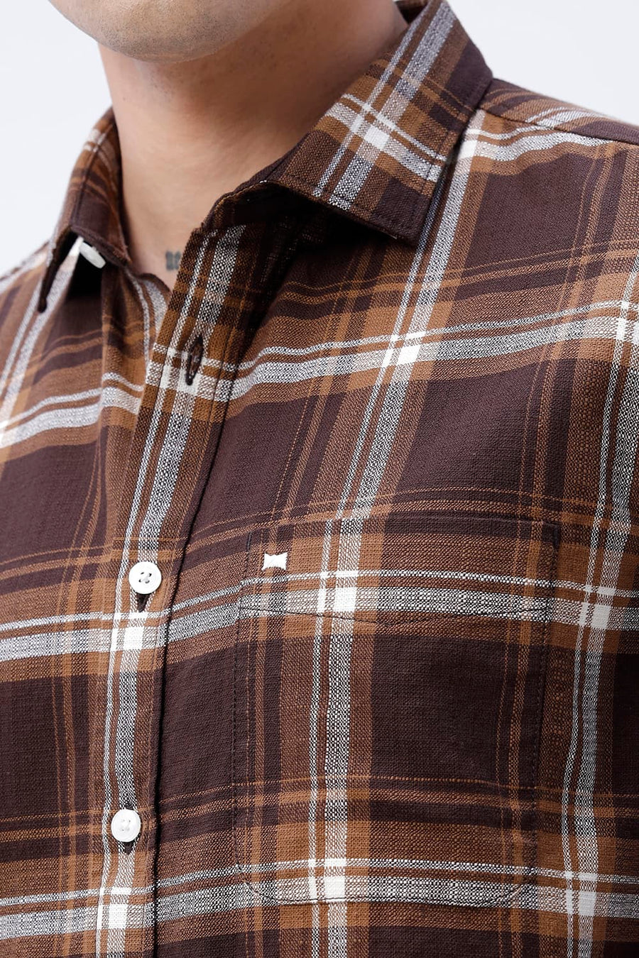 BASICS SLIM FIT SEAL BROWN COTTON HOPSACK CHECKS HALFSLEEVES SHIRT