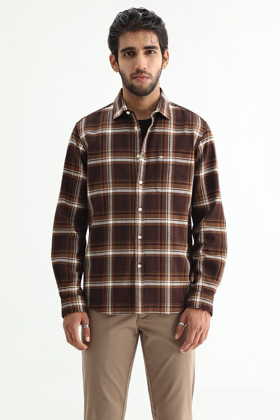 BASICS SLIM FIT SEAL BROWN COTTON HOPSACK CHECKS SHIRT